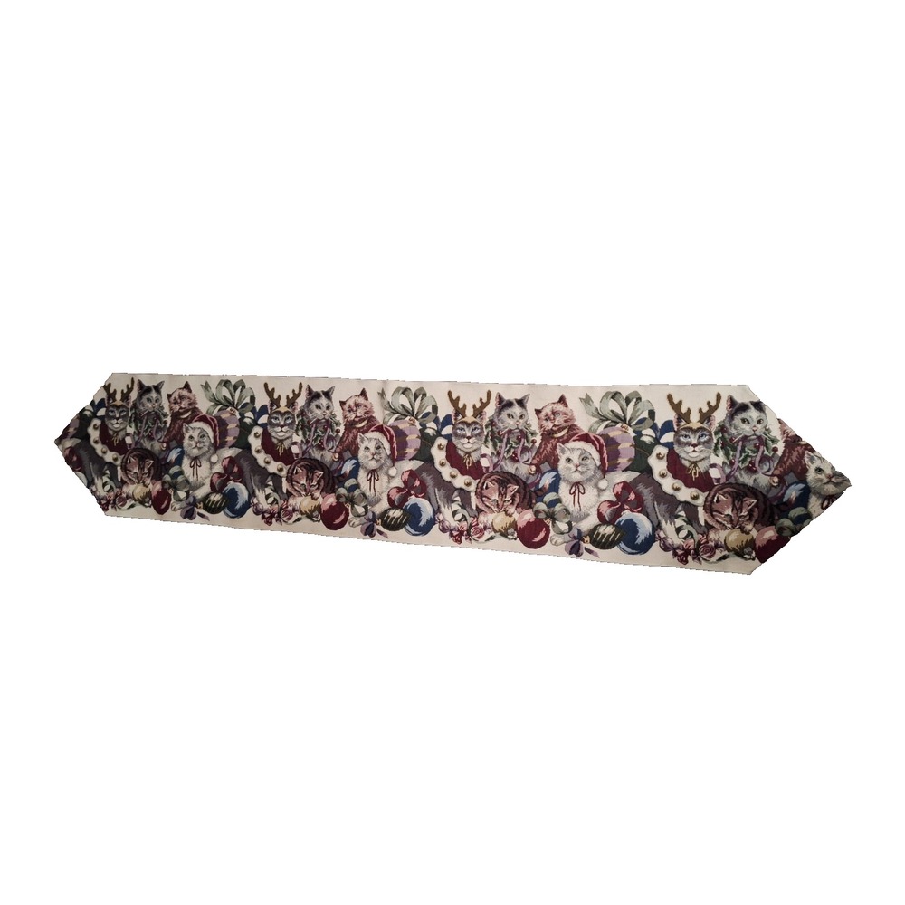 Christmas Cats Tapestry Table Runner Holiday Decor Vintage‎ Style - Picture 2 of 7